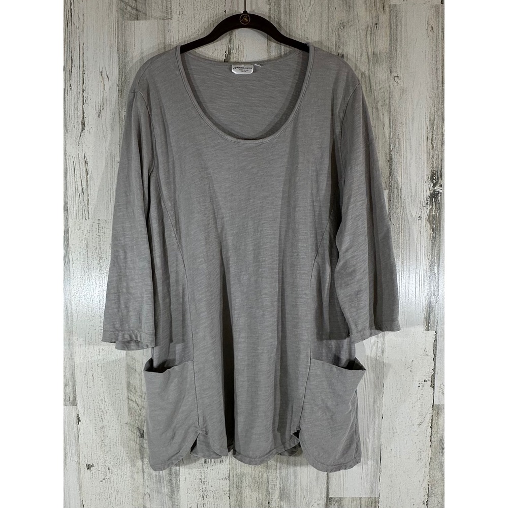 Prairie Cotton Tunic Top Large Gray 3/4 Sleeve Pockets Lagenlook Slub Knit USA